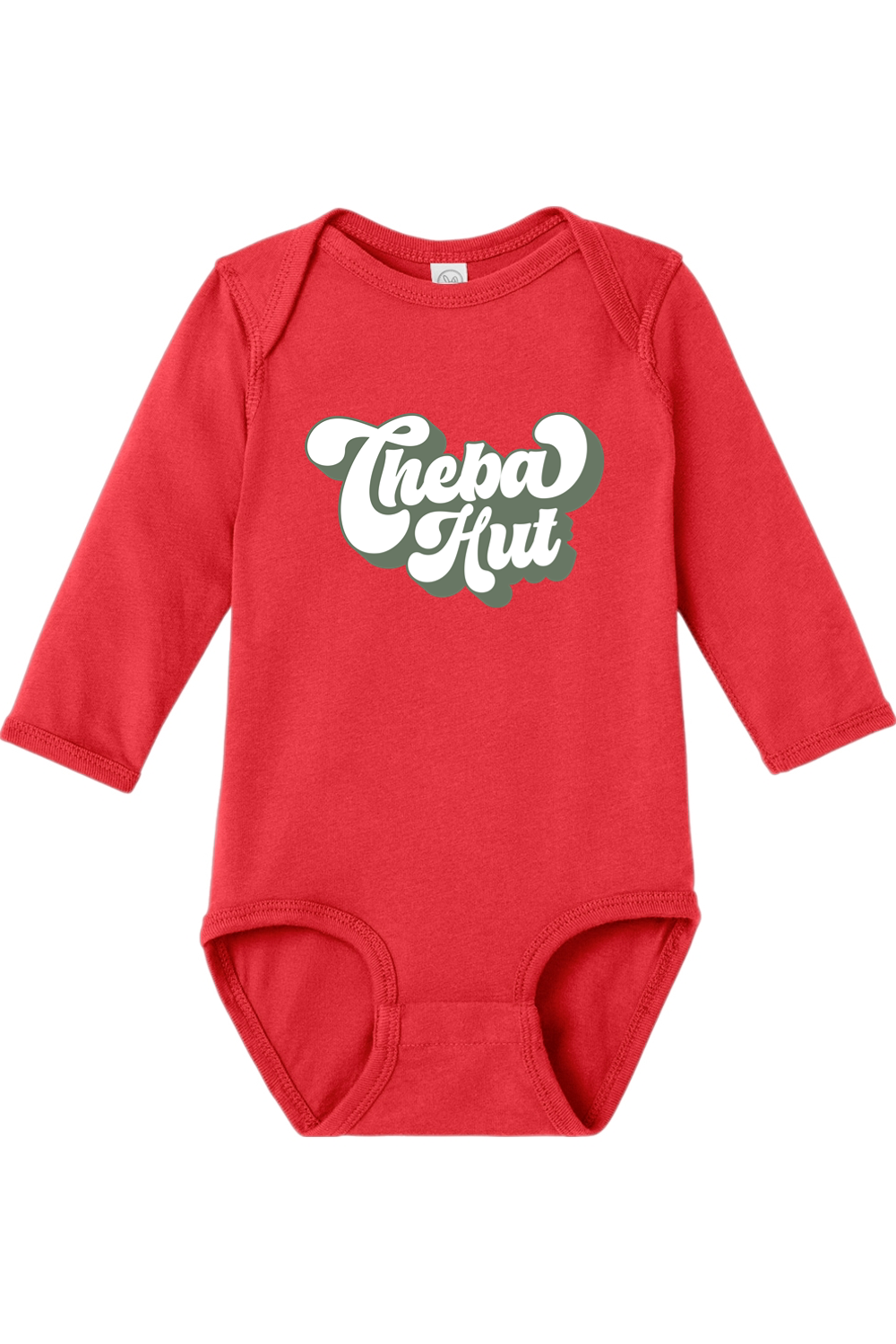 Red baby onesie with 'Cheba Hut' print on a white background