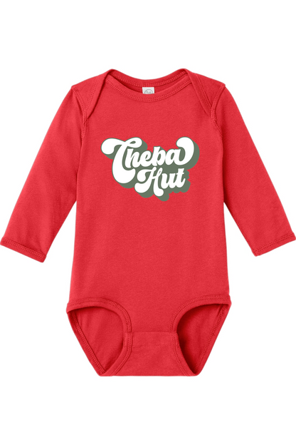 Red baby onesie with 'Cheba Hut' print on a white background