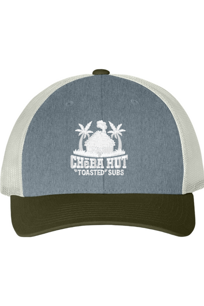 Grey and white trucker hat with 'Cheba Hut Toasted Subs' logo on a white background. The bill of the hat is olive green, 