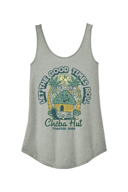 A heathered grey women's tank top with a retro cartoon graphic on the front. The graphic features a smiling hut character surrounded by palm trees, a smiling sun, and small mushrooms. Two large cannabis leaves arch over the top of the design with the text "LET THE GOOD TIMES ROLL". The "Cheba Hut 'TOASTED' SUBS" logo is at the bottom.