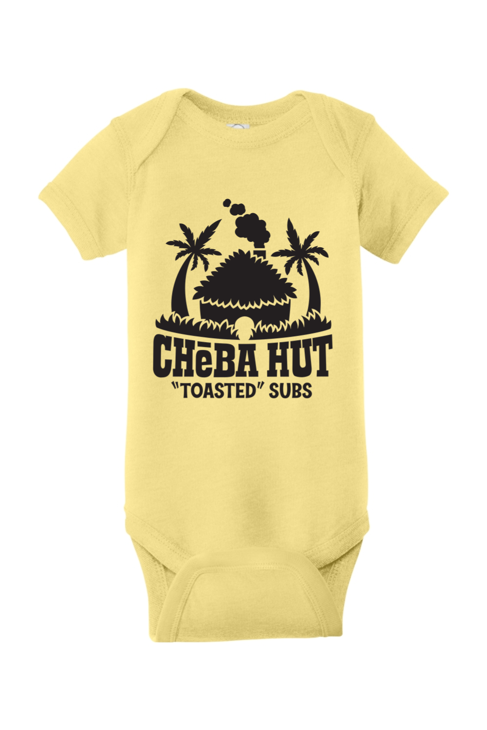 Yellow baby onesie with black graphic and text on a white background