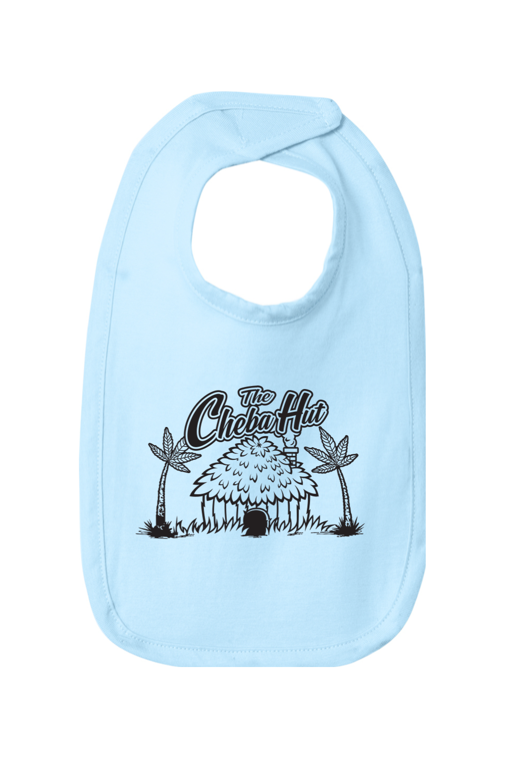 Light blue baby bib with a graphic design and text on a white background