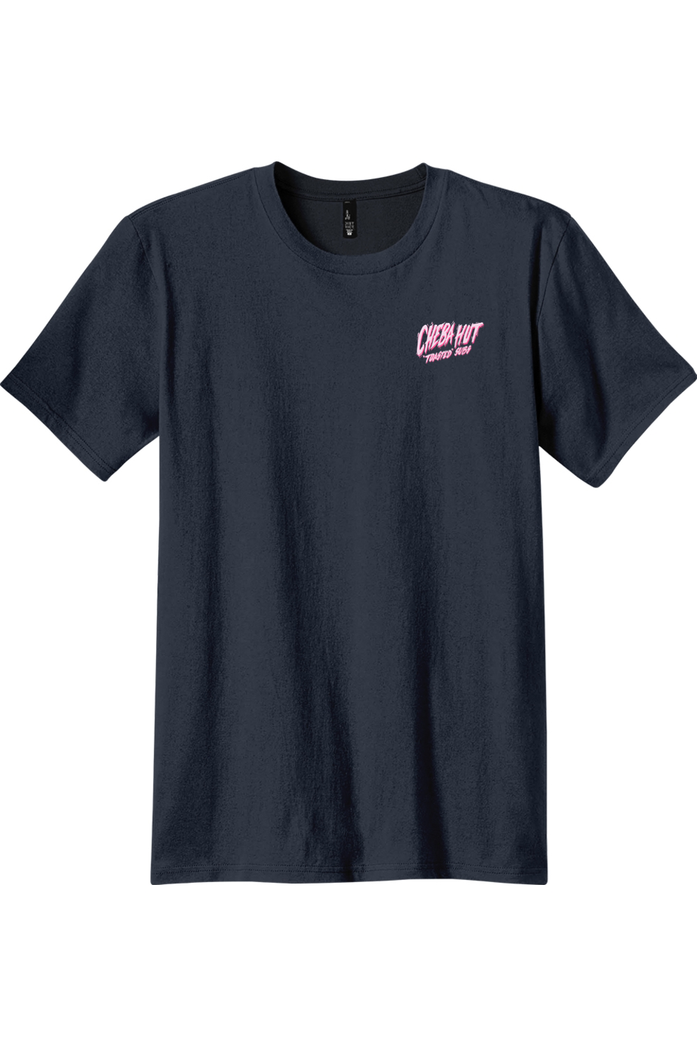 A navy short-sleeve crewneck t-shirt with a small pink graphic on the left chest reading 'Cheba Hut "Toasted Subs', displayed against a plain white background.