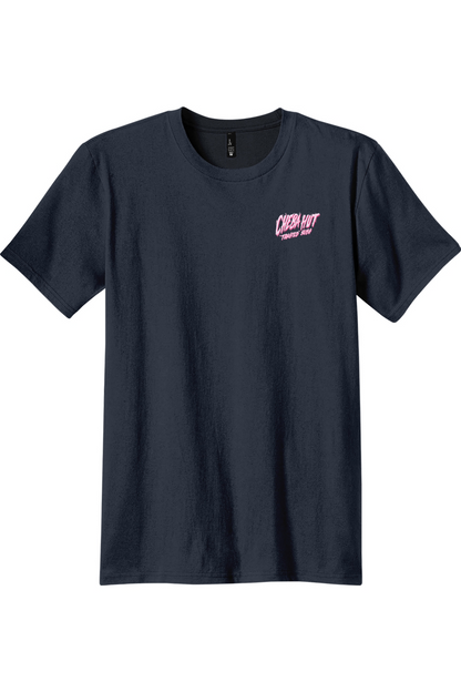 A navy short-sleeve crewneck t-shirt with a small pink graphic on the left chest reading 'Cheba Hut "Toasted Subs', displayed against a plain white background.