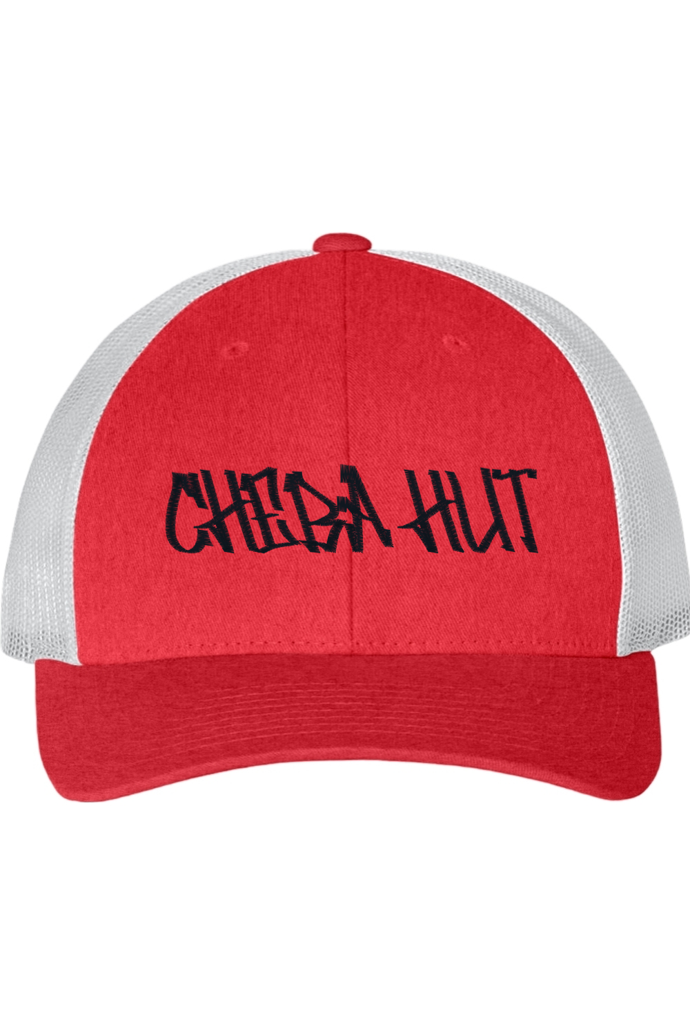 Red and white cap with 'CHEBA HUT' text on a white background