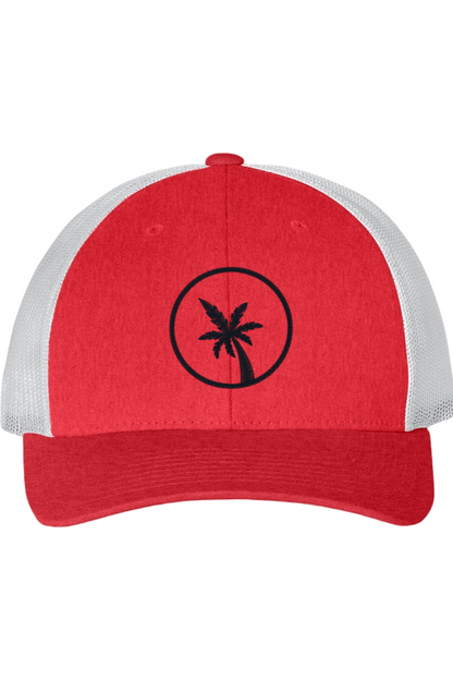 Red and white cap with a black palm tree design on a white background