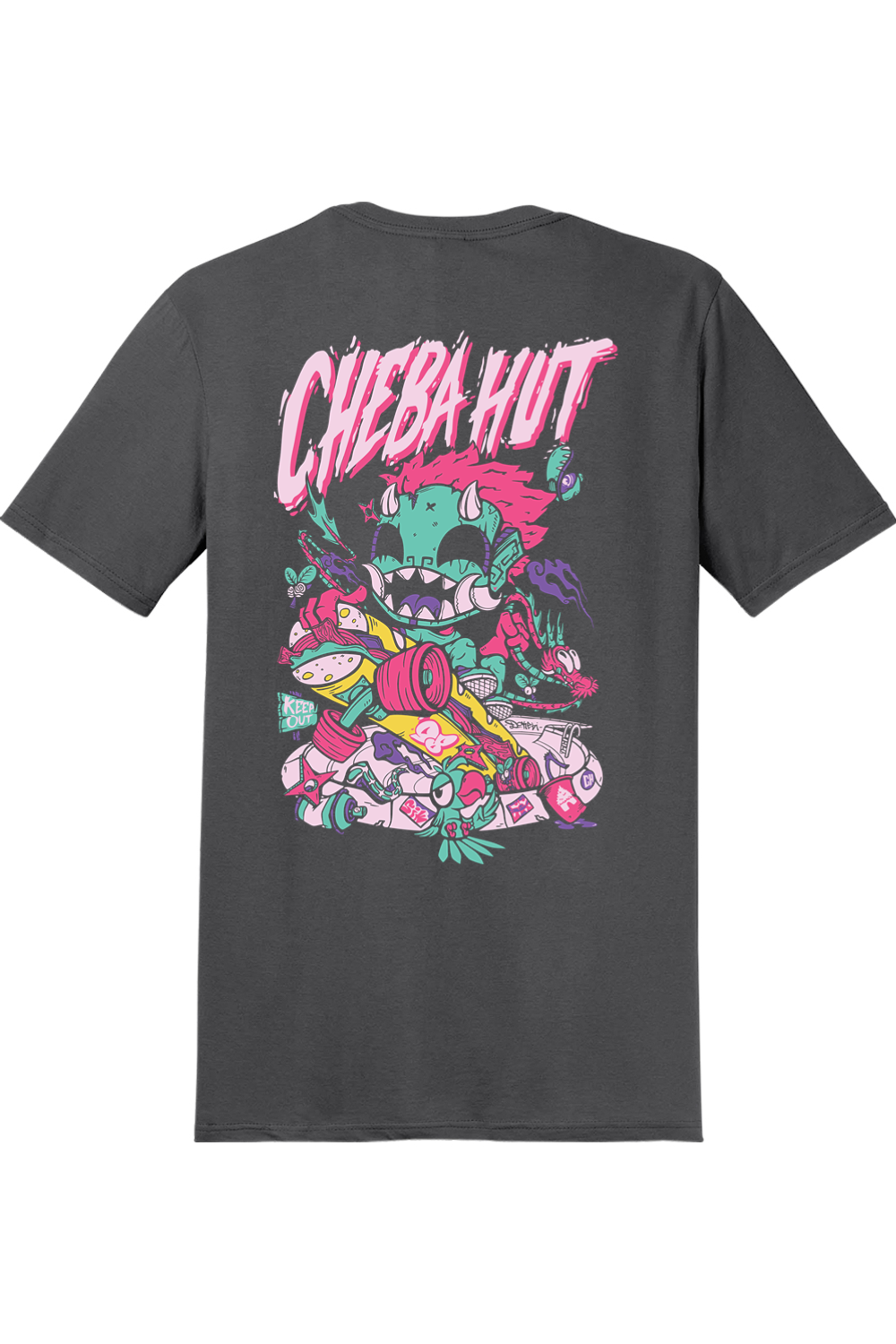 A grey short-sleeve t-shirt shown from the back, featuring a large colorful graphic of a cartoon monster and the text 'CHEBA HUT' in pink and white.
