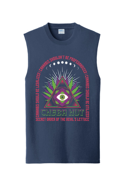 Navy sleeveless shirt with a graphic design featuring Cheba Hut and a triangle with an eye symbol on a white background.