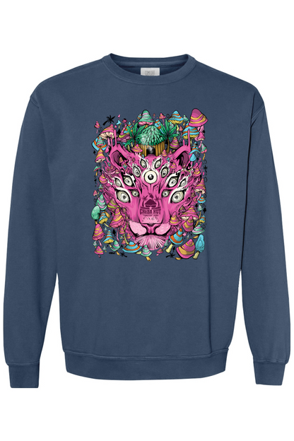 A navy sweatshirt with a psychedelic graphic of a multi-eyed pink panther head surrounded by colorful mushrooms.