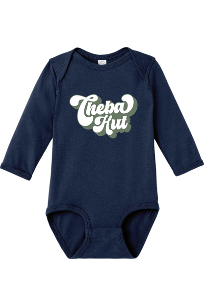 Navy blue baby onesie with 'Cheba Hut' print on a white background