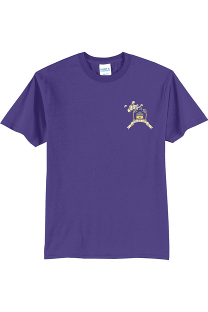 Purple t-shirt with a hut logo on the chest against a white background