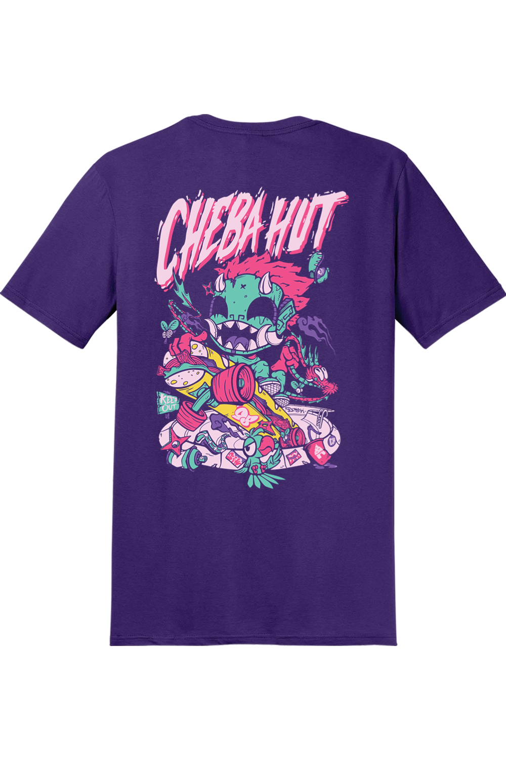 A purple short-sleeve t-shirt shown from the back, featuring a large colorful graphic of a cartoon monster and the text 'CHEBA HUT' in pink and white.