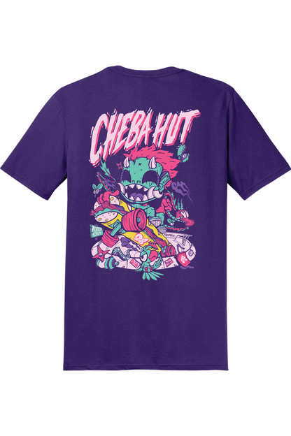 A purple short-sleeve t-shirt shown from the back, featuring a large colorful graphic of a cartoon monster and the text 'CHEBA HUT' in pink and white.