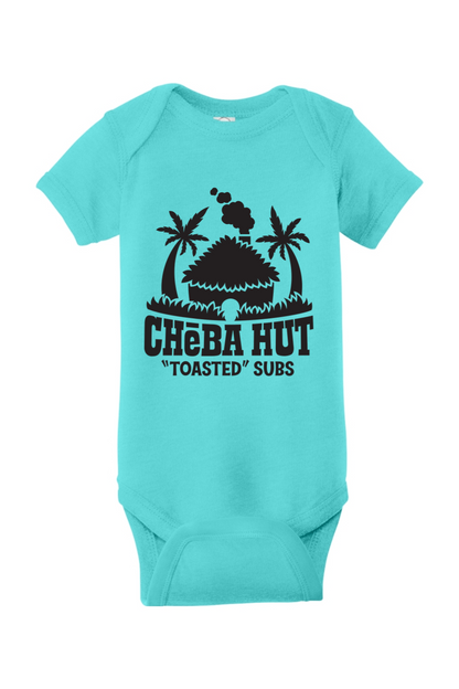 Turquoise baby onesie with black graphic design and text on a white background