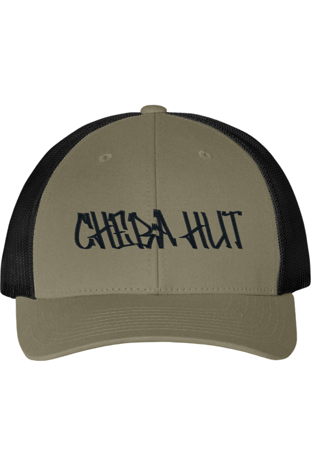 Kaki and black cap with 'CHEBA HUT' text on a white background