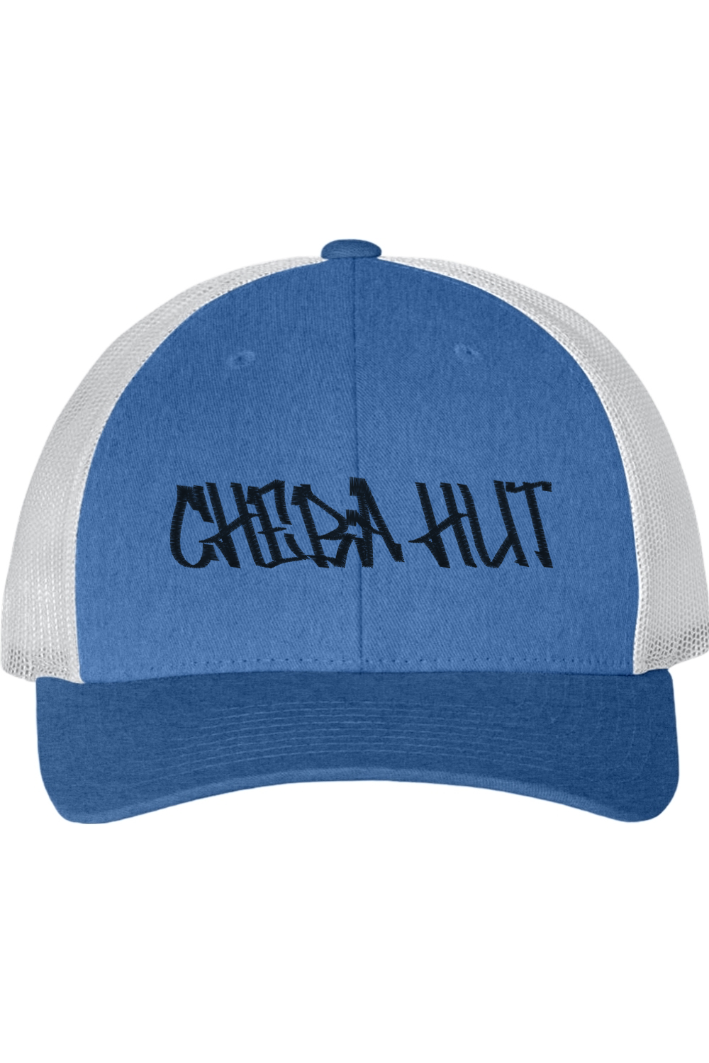 Blue and white cap with 'CHEBA HUT' text on a white background