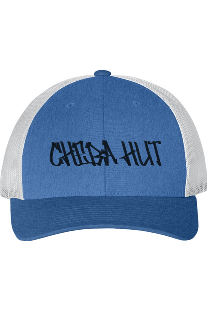 Blue and white cap with 'CHEBA HUT' text on a white background
