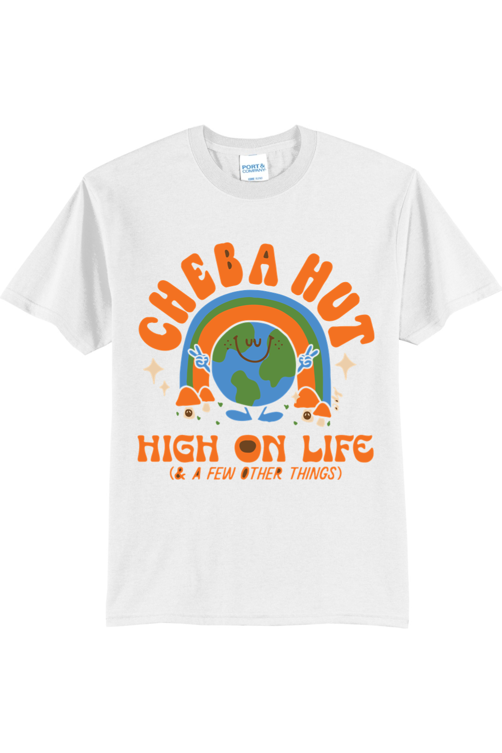 A white short-sleeved t-shirt featuring a retro-style graphic with a smiling Earth under a rainbow, palm trees, and the text 'CHEBA HUT' and 'HIGH ON LIFE (& A FEW OTHER THINGS)'.