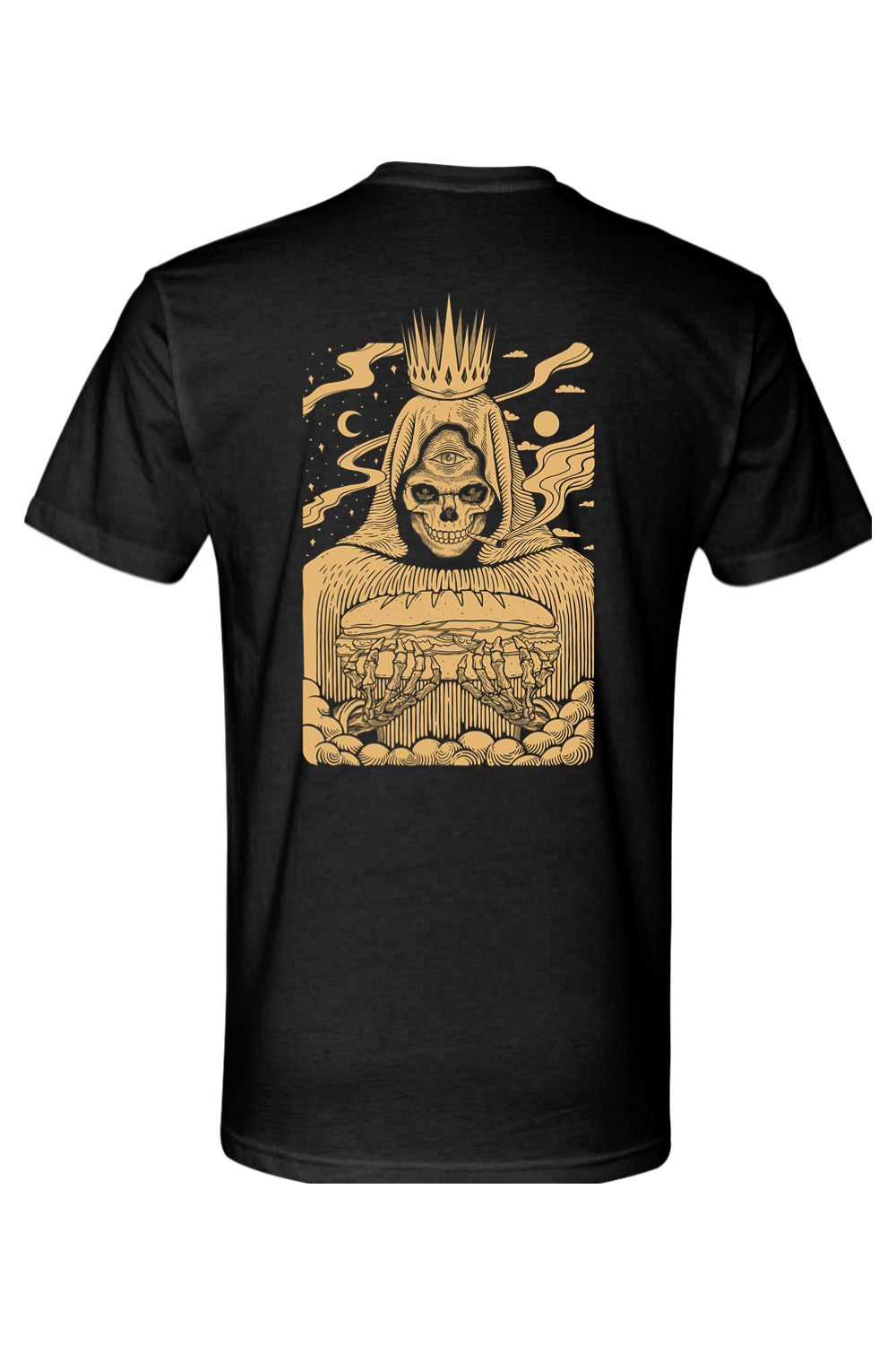 Black t-shirt with gold graphic design on a white background