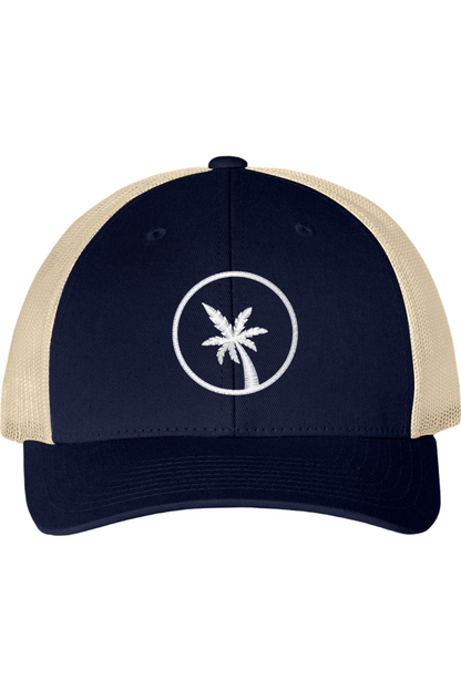 Navy and beige cap with a palm tree design on a white background