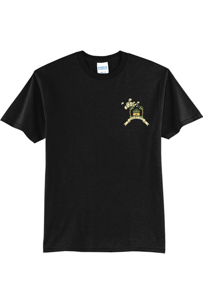 Black t-shirt with a small hut on a white background