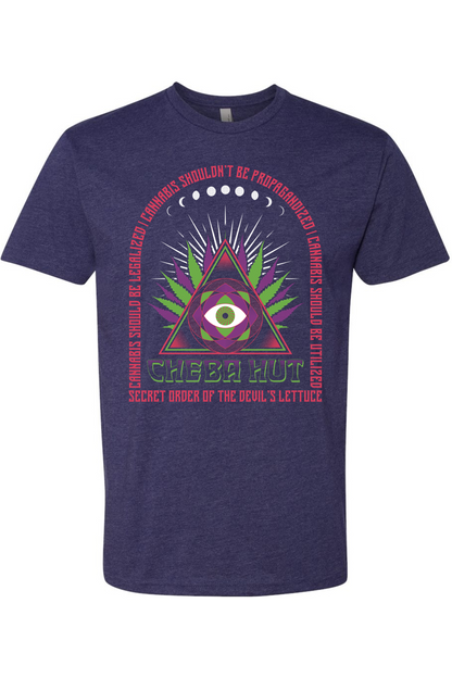 Navy blue t-shirt with a graphic design featuring a triangle and eye symbol on a white background