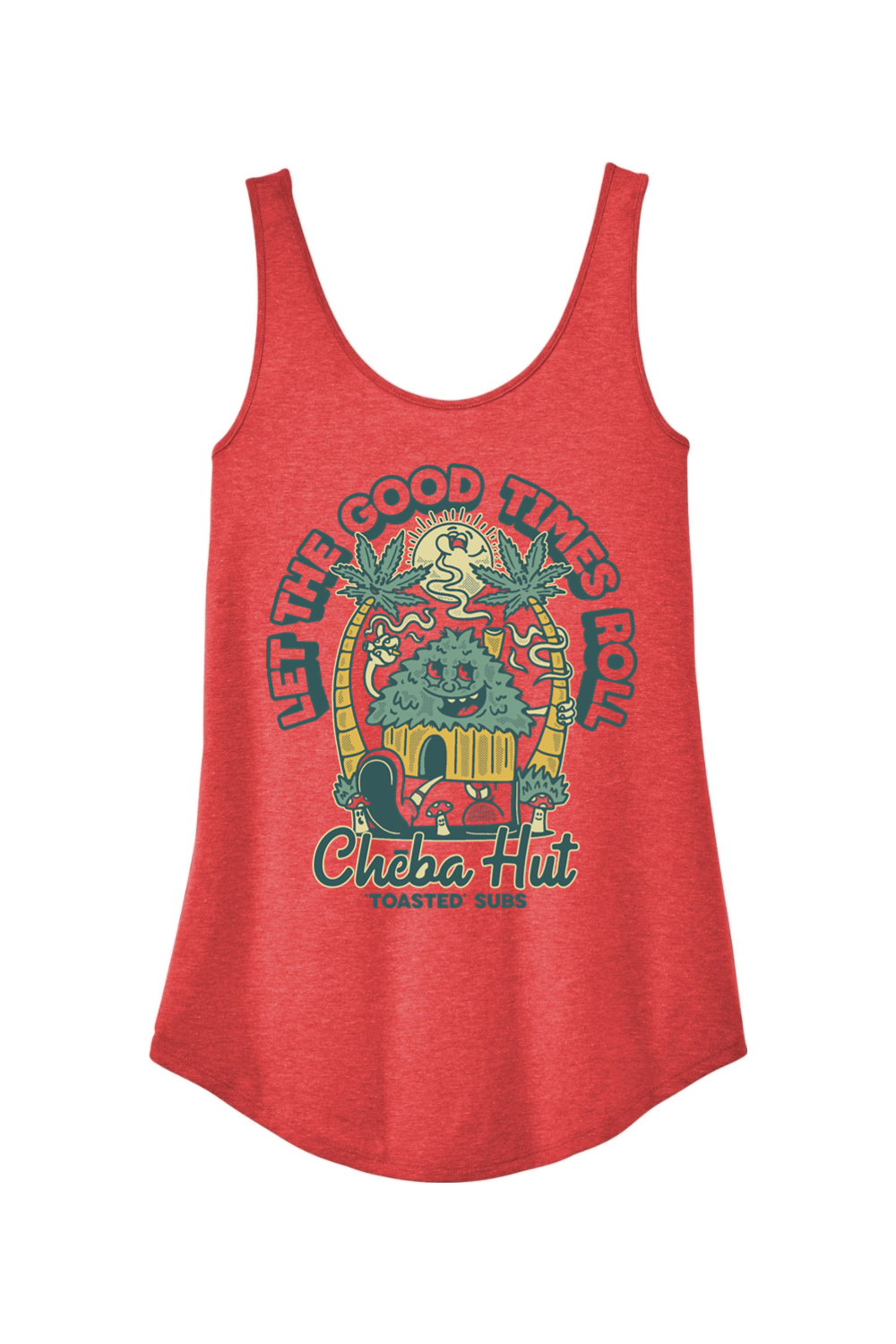 A heathered red women's tank top with a retro cartoon graphic on the front. The graphic features a smiling hut character surrounded by palm trees, a smiling sun, and small mushrooms. Two large cannabis leaves arch over the top of the design with the text "LET THE GOOD TIMES ROLL". The "Cheba Hut 'TOASTED' SUBS" logo is at the bottom.