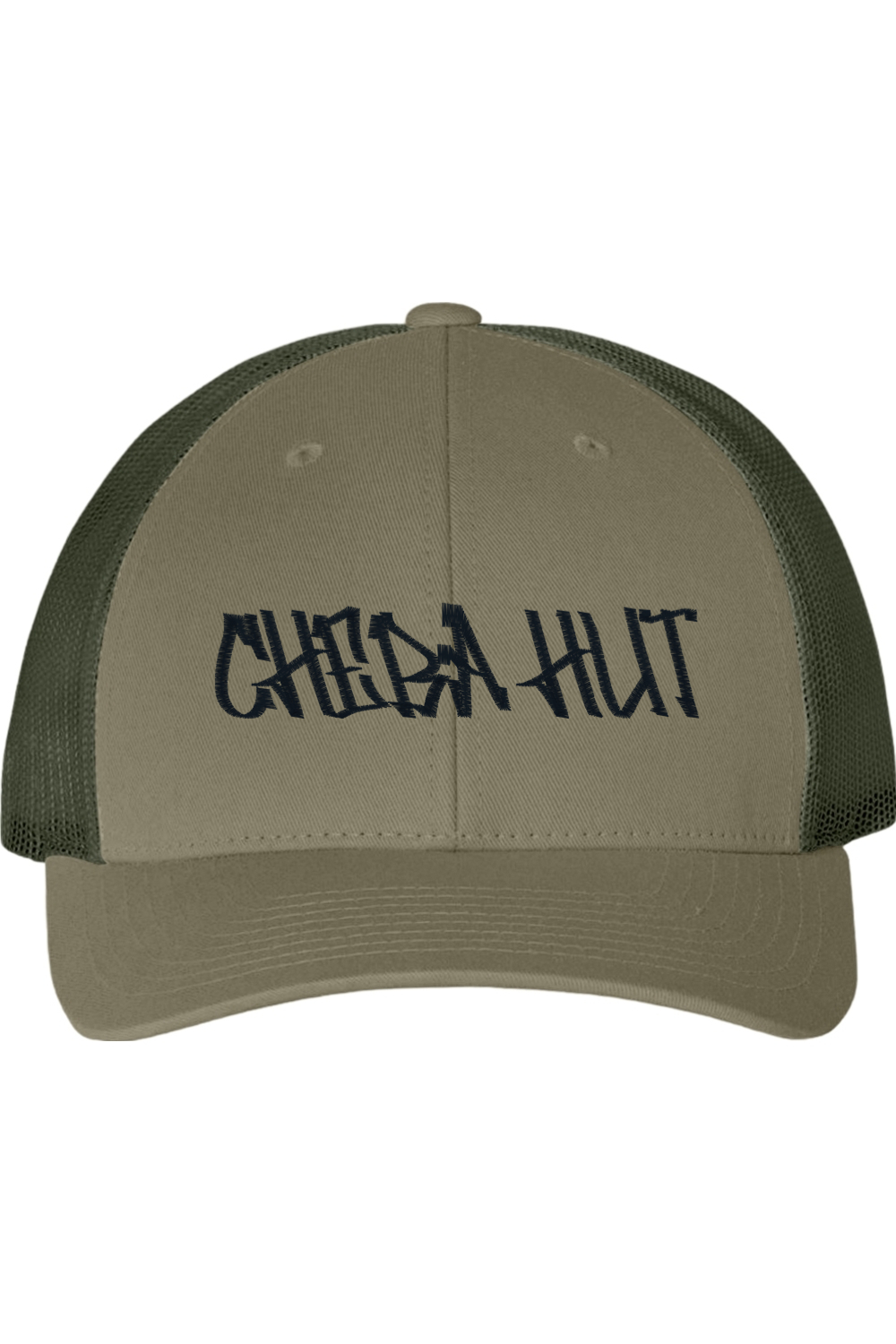 An Army green Trucker hat with 'CHEBA HUT' text on a white background