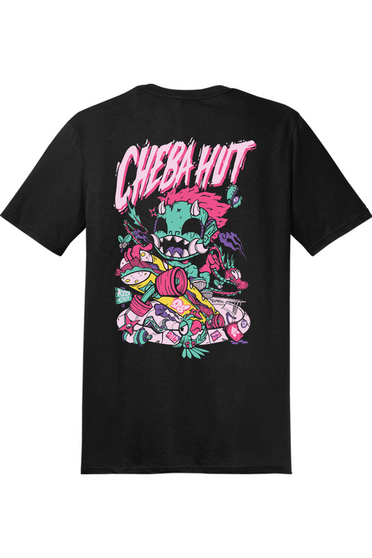 A black short-sleeve t-shirt shown from the back, featuring a large colorful graphic of a cartoon monster and the text 'CHEBA HUT' in pink and white.