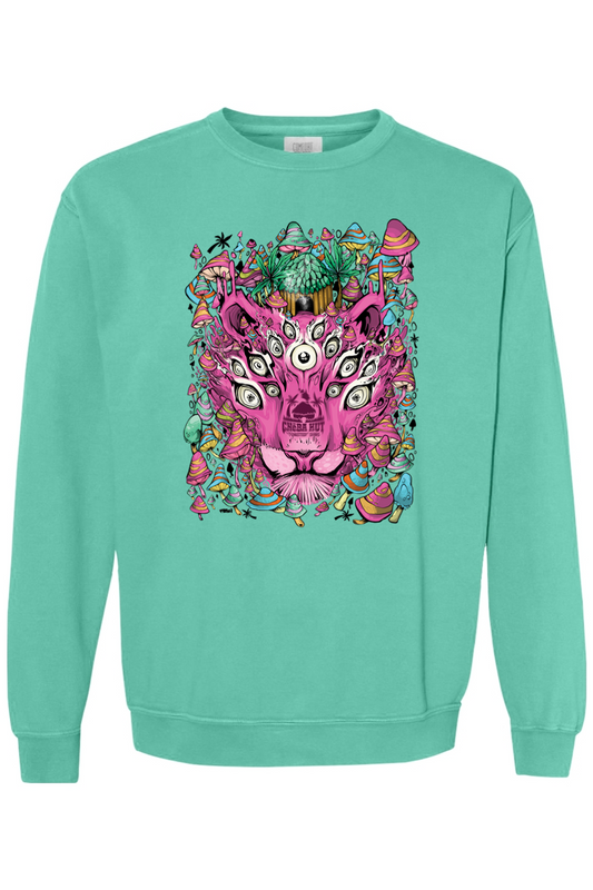 A light teal sweatshirt with a psychedelic graphic of a multi-eyed pink panther head surrounded by colorful mushrooms.