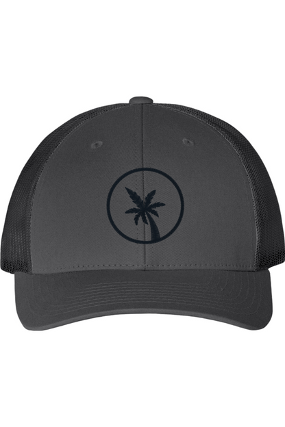 Black cap with palm tree design on a white background