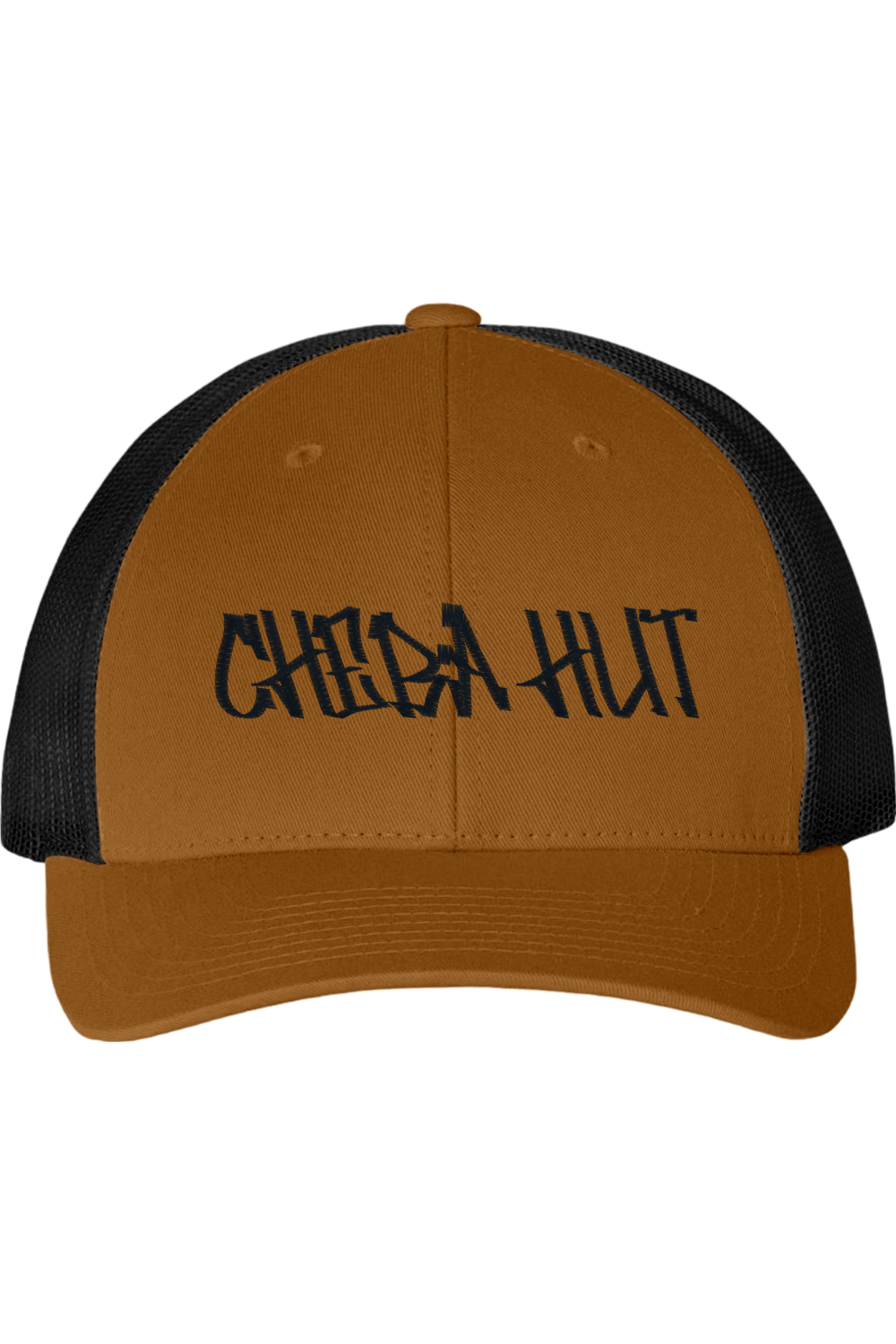Brown and black cap with 'CHEBA HUT' text on a white background