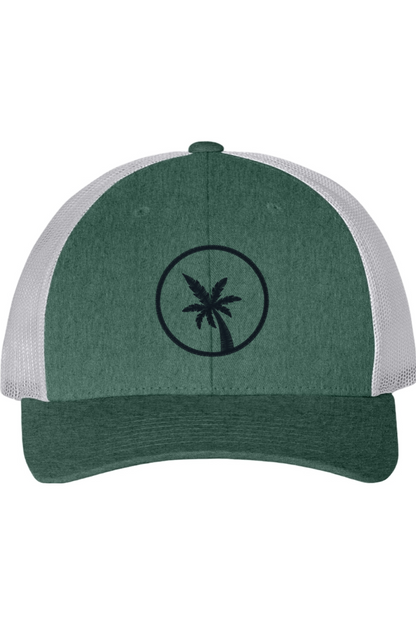Green and white cap with a palm tree design on a white background
