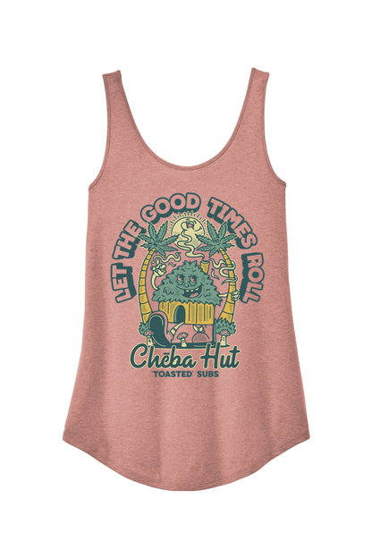 A heathered blush women's tank top with a retro cartoon graphic on the front. The graphic features a smiling hut character surrounded by palm trees, a smiling sun, and small mushrooms. Two large cannabis leaves arch over the top of the design with the text "LET THE GOOD TIMES ROLL". The "Cheba Hut 'TOASTED' SUBS" logo is at the bottom.