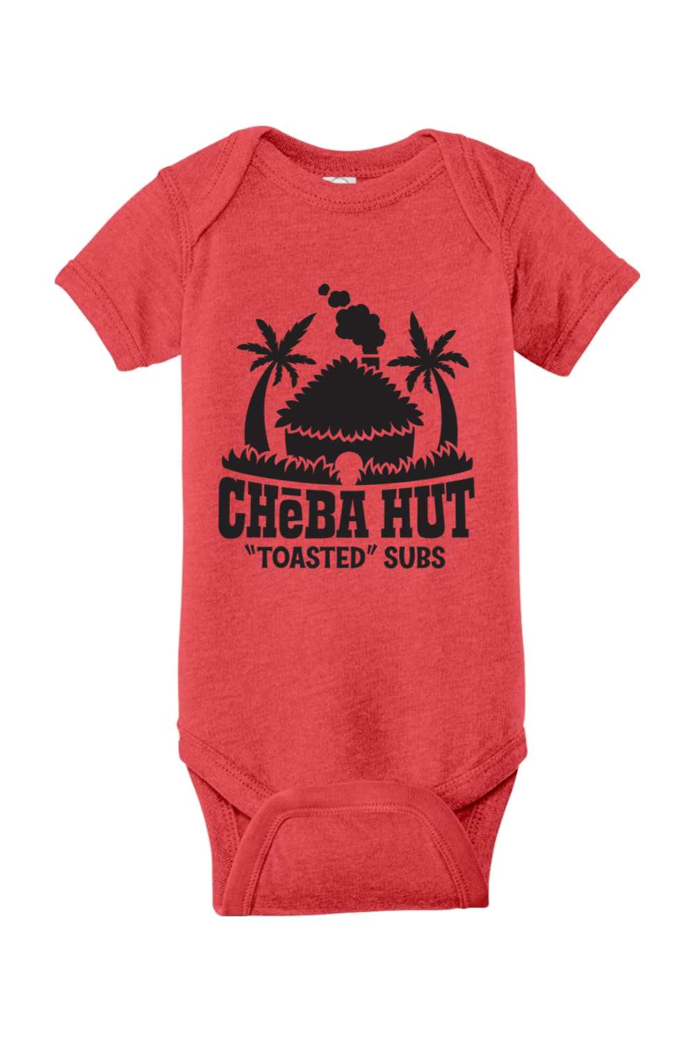 Red baby onesie with 'Cheba Hut Toasted Subs' graphic on a white background