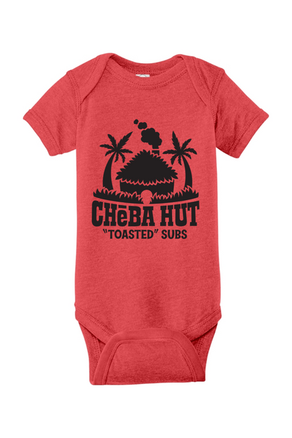 Red baby onesie with 'Cheba Hut Toasted Subs' graphic on a white background