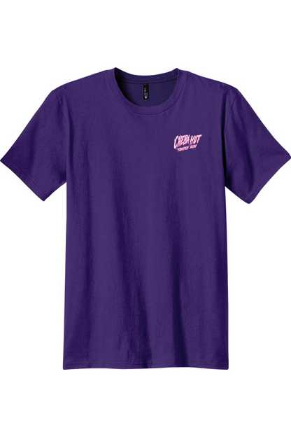 A purple short-sleeve crewneck t-shirt with a small pink graphic on the left chest reading 'Cheba Hut "Toasted Subs', displayed against a plain white background.