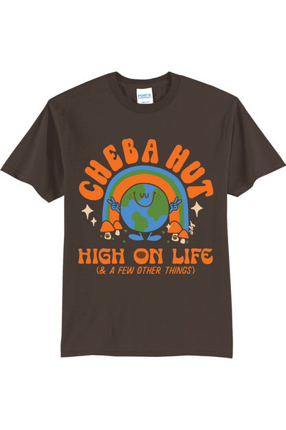 A brown short-sleeved t-shirt featuring a retro-style graphic with a smiling Earth under a rainbow, palm trees, and the text 'CHEBA HUT' and 'HIGH ON LIFE (& A FEW OTHER THINGS)'.