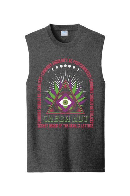 Gray sleeveless shirt with a colorful all seeing eye graphic design on a white background
