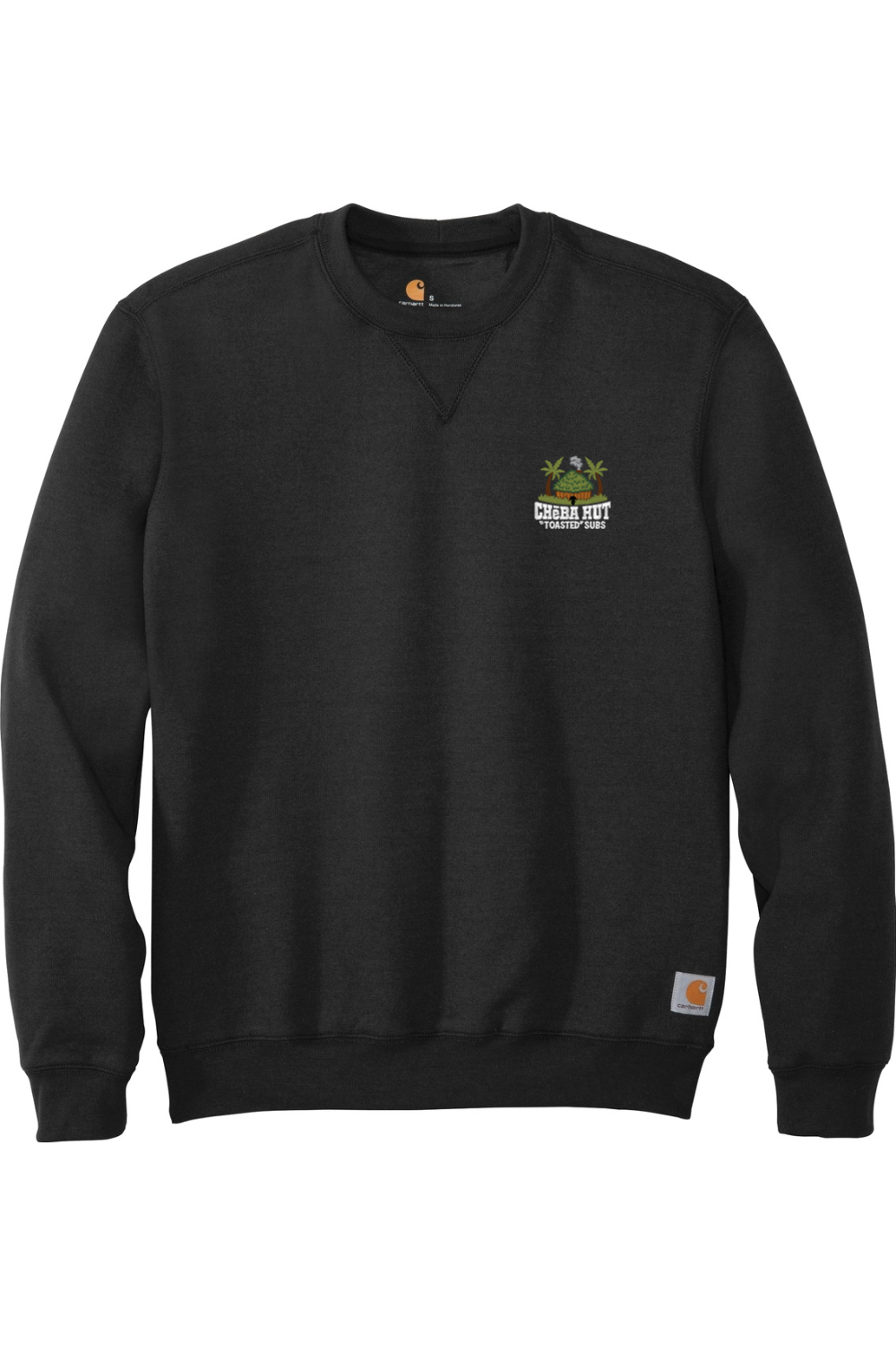 Front view of a black crewneck sweatshirt laid flat. A small, embroidered logo for "Cheba Hut Toasted Subs," featuring a tiki hut and palm trees, is on the upper left chest.