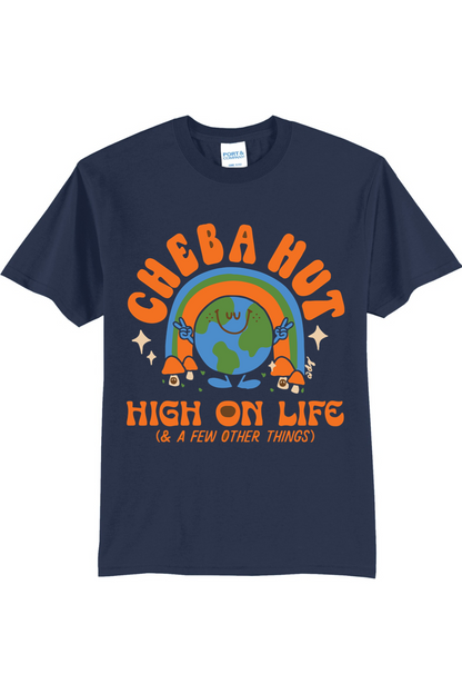 A navy short-sleeved t-shirt featuring a retro-style graphic with a smiling Earth under a rainbow, palm trees, and the text 'CHEBA HUT' and 'HIGH ON LIFE (& A FEW OTHER THINGS)'.