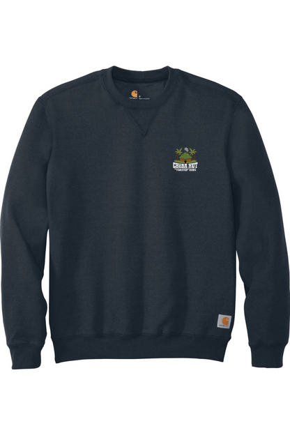 Front view of a navy crewneck sweatshirt laid flat. A small, embroidered logo for "Cheba Hut Toasted Subs," featuring a tiki hut and palm trees, is on the upper left chest.