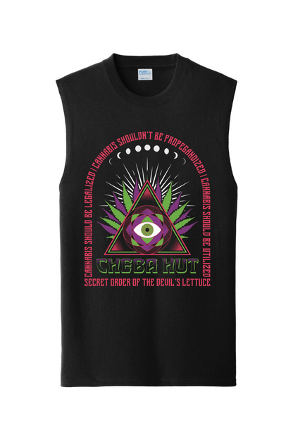 Black sleeveless shirt with a graphic design featuring Cheba Hut and a triangle with an eye symbol on a white background.