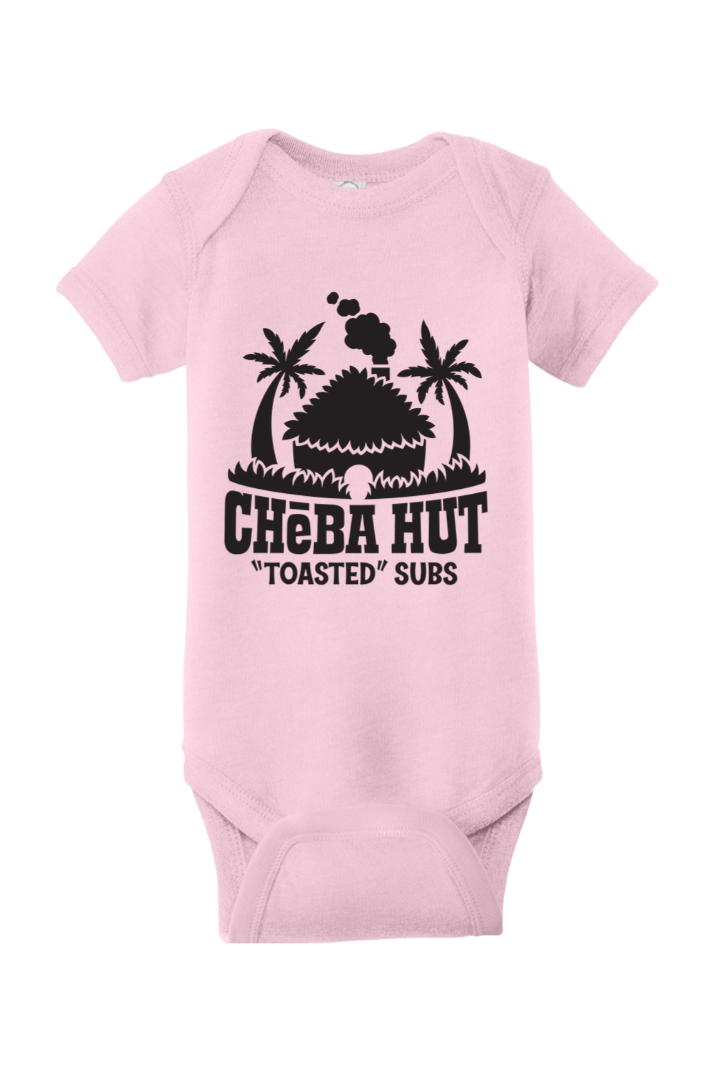 Pink baby onesie with black graphic and text on a white background