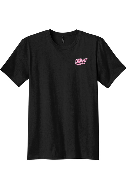 A black short-sleeve crewneck t-shirt with a small pink graphic on the left chest reading 'Cheba Hut "Toasted Subs', displayed against a plain white background.