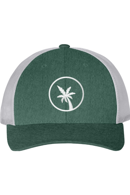 Green and gray cap with a palm tree design on a white background