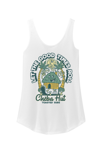 A white women's tank top with a retro cartoon graphic on the front. The graphic features a smiling hut character surrounded by palm trees, a smiling sun, and small mushrooms. Two large cannabis leaves arch over the top of the design with the text "LET THE GOOD TIMES ROLL". The "Cheba Hut 'TOASTED' SUBS" logo is at the bottom.