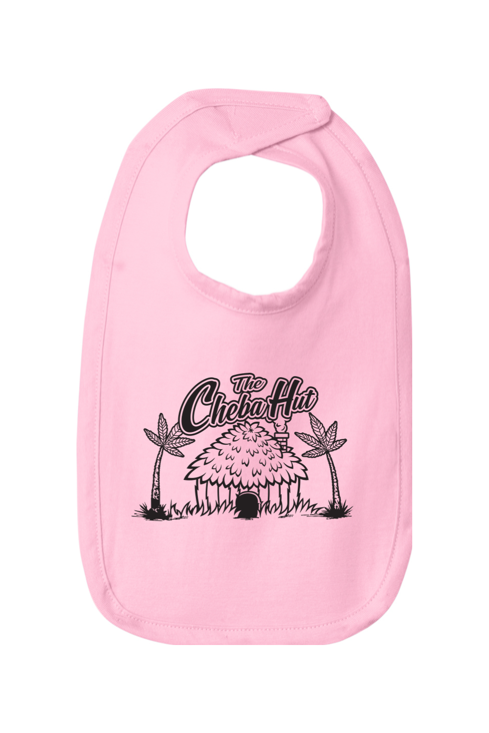 Pink baby bib with a graphic design on a white background