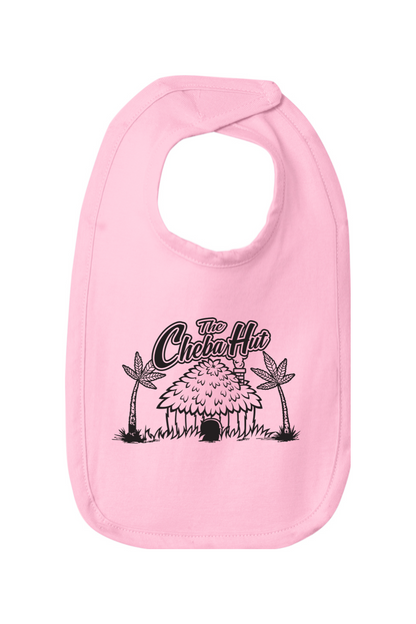 Pink baby bib with a graphic design on a white background