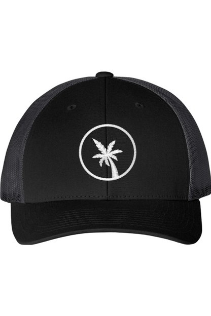 Black cap with a white palm tree design on a white background